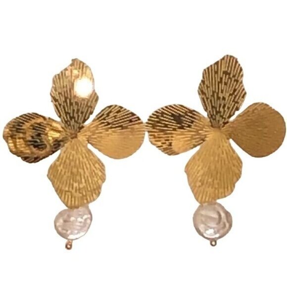 Jewelry - Stainless Steel Gold Tone Pearl Embellished Earrings